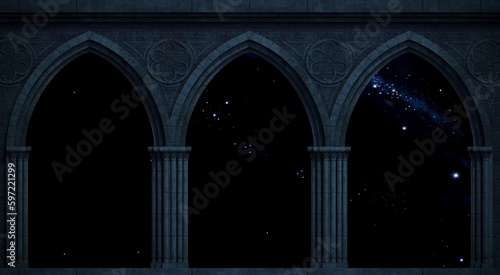 Gothic castle with arcade and night sky