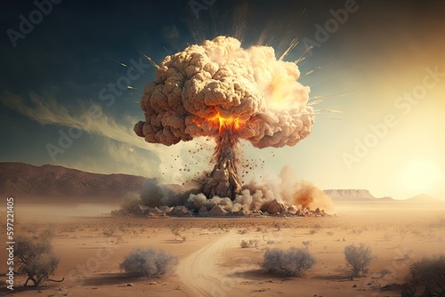 nuclear bomb blast in desert landscape, with billowing smoke and dust, created with generative ai © Alfazet Chronicles
