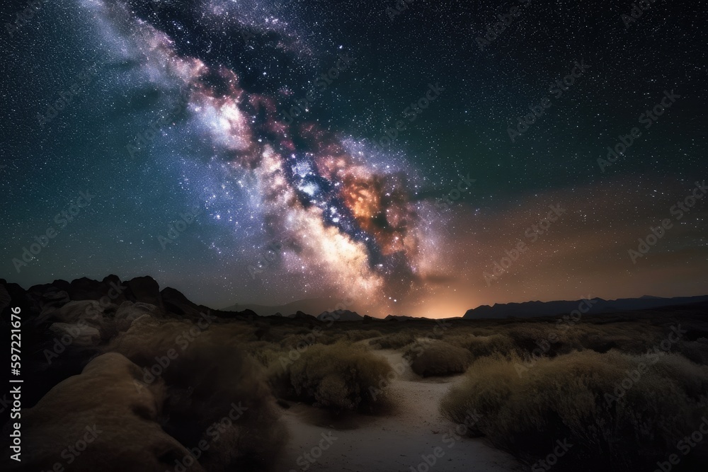 night sky filled with twinkling stars and the milky way over desert landscape, created with generative ai
