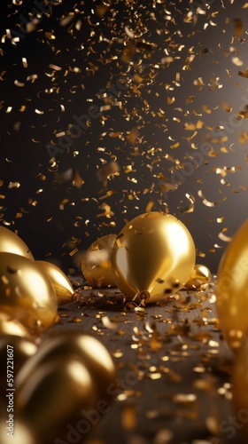 Gold balloons and confetti on a simple background. Generative AI. 
