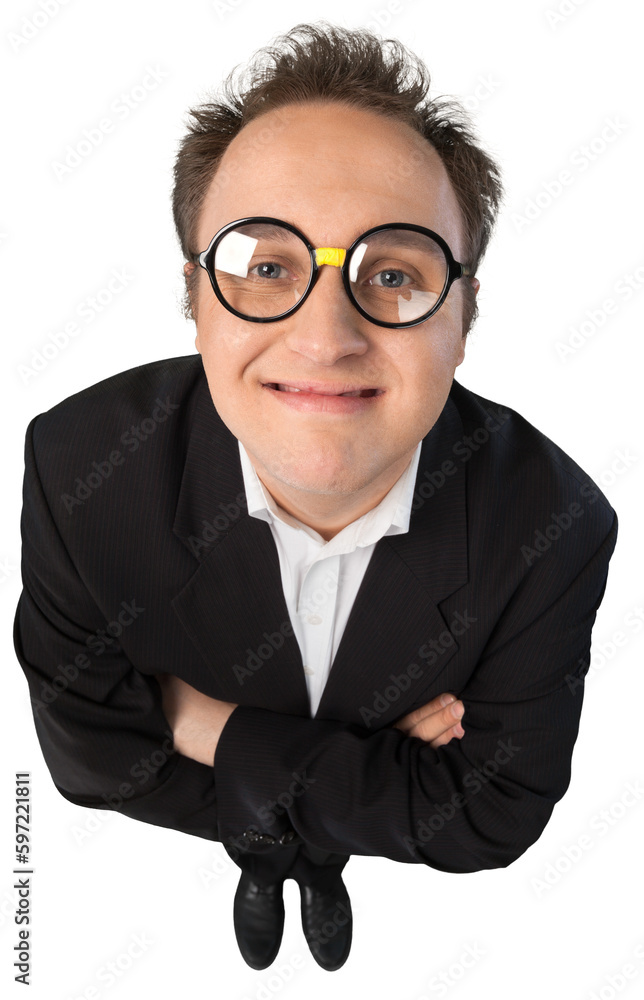 Young Man With Glasses In Suit Standing With Arms Folded Top-down View - Isolated