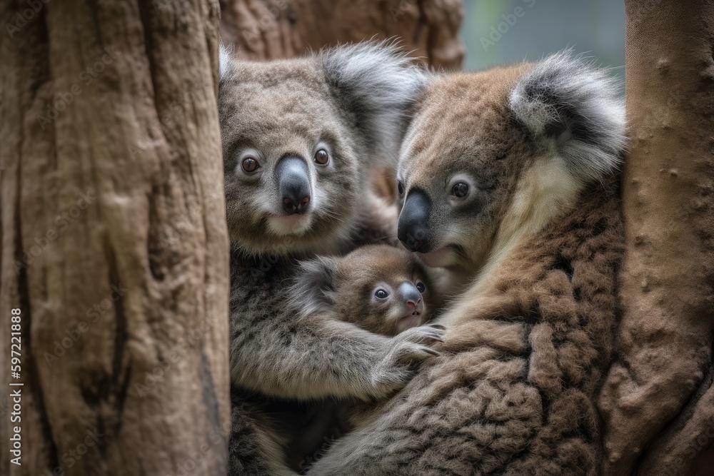 view of koala family with mother, father, and baby clinging to tree, created with generative ai view of koala family with mother, father, and baby clinging to tree, created with generative ai