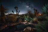 night sky with stars and the moon shining over a desert oasis, created with generative ai