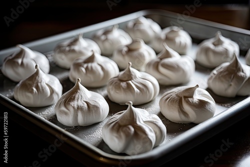 tray of meringues, dusted with confectioners' sugar and ready to be filled or topped, created with generative ai