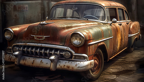 a rusted vintage car in abandoned building, generative ai