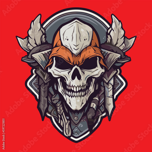 Vector illustration of a viking skull in helmet and armor on red background