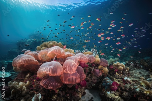 Fotografia jellyfish swimming in a sea of corals and fish, created with generative ai