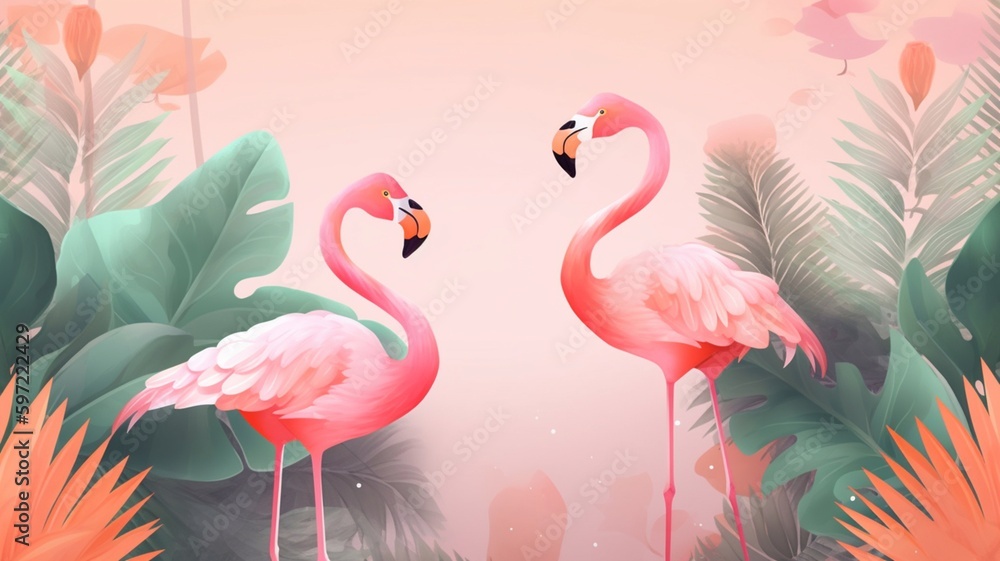 Obraz premium Tropical background with flamingos and palm leaves, a summer holiday. Generative AI.
