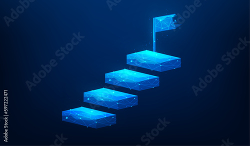 step to target with flag on top on blue dark background. business stair to success. mission complete concept. vector illustration fantastic low poly wireframe design.
