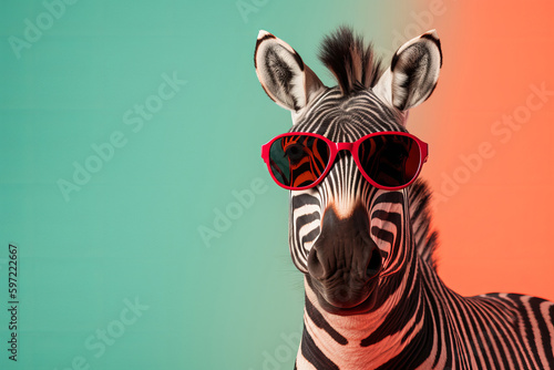 Portrait of a trendy zebra wearing cool sunglasses. Summer holiday concept. Generative ai