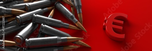 The euro symbol on the background of cartridges from the machine gun. 3d rendering.