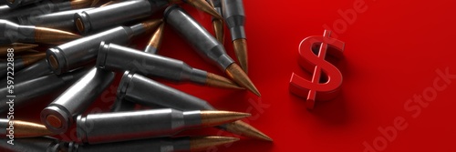 The dollar symbol on the background of cartridges from the machine gun. 3d rendering.