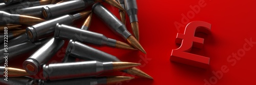 The pound symbol on the background of cartridges from the machine gun. 3d rendering.