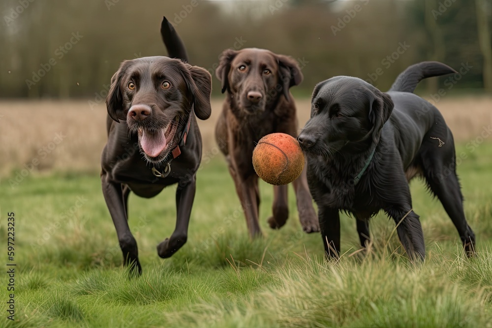 group of dogs playing in field, with their eyes fixed on the ball, created with generative ai