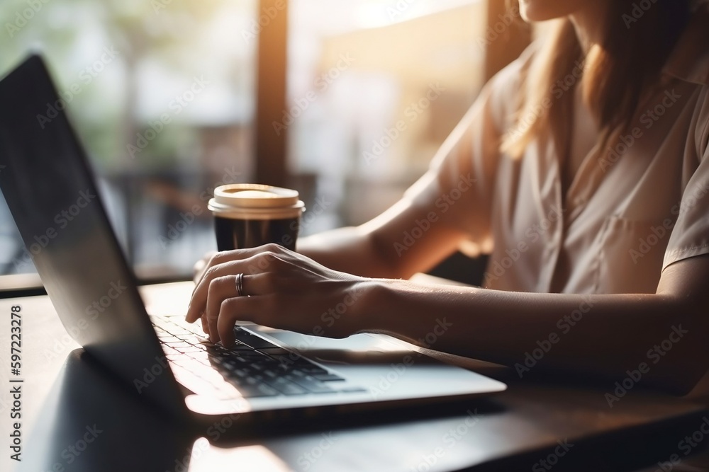 Woman hands typing laptop computer on table in coffee shop. Digital lifestyle working outside office concept. AI generative Illustrations Woman hands typing laptop computer on table in coffee shop. Digital lifestyle working outside office concept. AI generative Illustrations