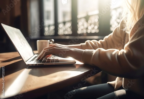 Woman hands typing laptop computer on table in coffee shop. Digital lifestyle working outside office concept. AI generative Illustrations
