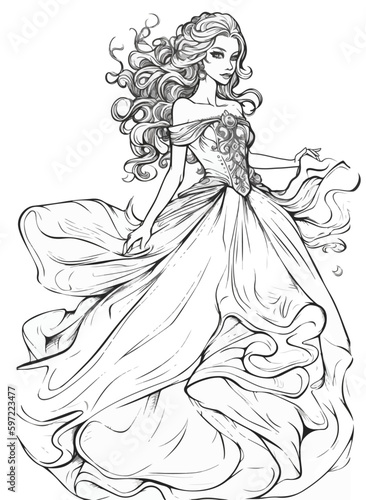 Princess vector coloring book black and white for adults isolated line art on white background.