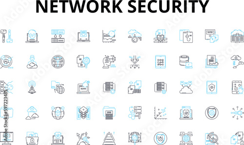 Network security linear icons set. Firewall, Encryption, Intrusion, Authentication, Antivirus, Malware, Cybercrime vector symbols and line concept signs. Vulnerability,Threats,Phishing Generative AI