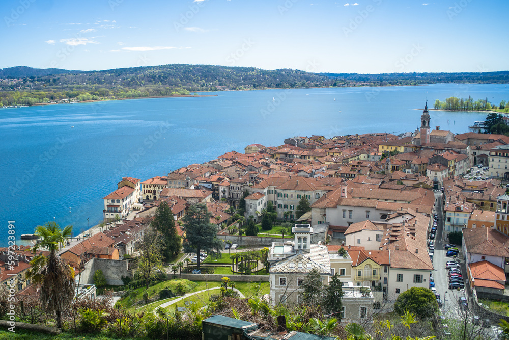 View from the hill on Lake Maggiore, sailboats and mountains