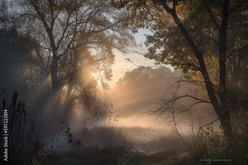misty sunrise, with rays of sunlight filtering through the mist and illuminating the trees, created with generative ai