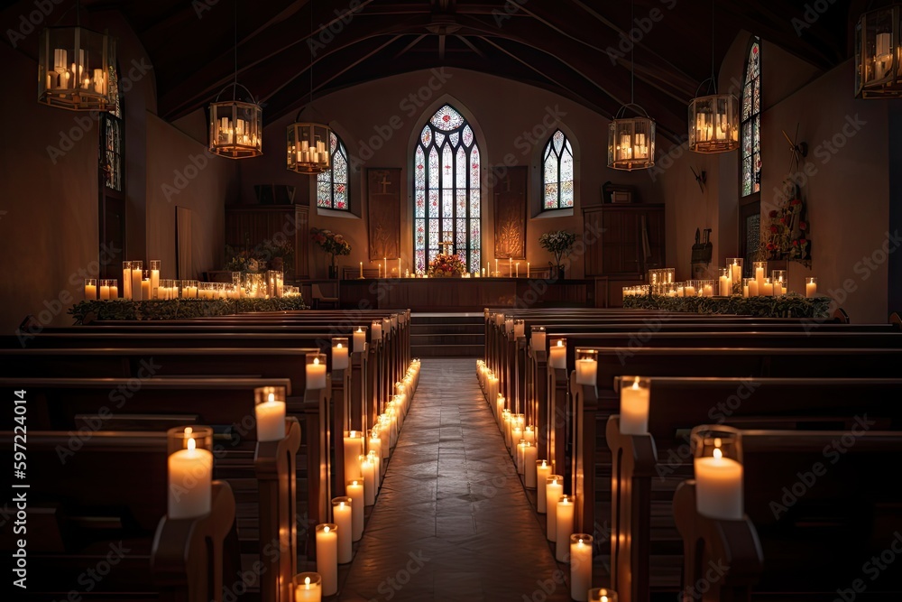 a church sanctuary, with pews lined up for a ceremony and candles lit on the altar, created with generative ai