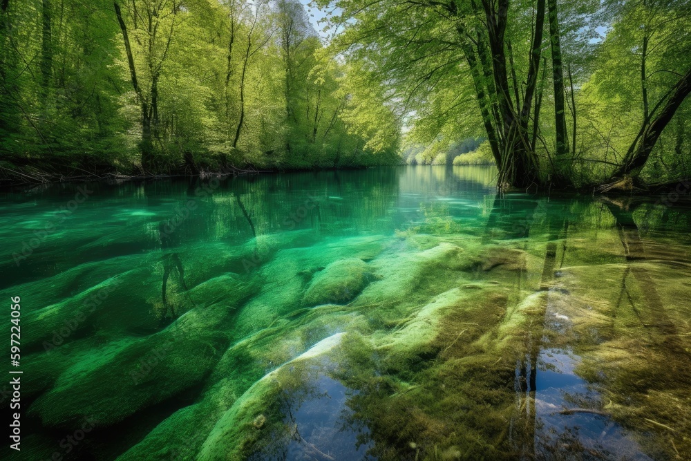 crystal-clear lake surrounded by lush green forest, created with generative ai crystal-clear lake surrounded by lush green forest, created with generative ai