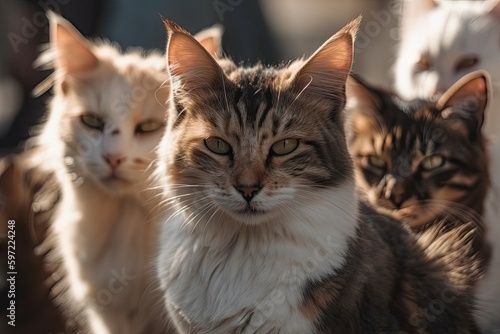 group of cats in the sun, watching you with curious eyes, created with generative ai