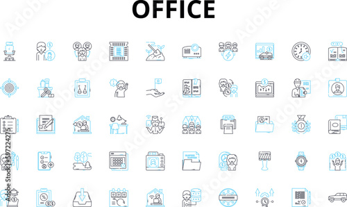 Office linear icons set. Desk, Computer, Printer, Ph, Filing, Meeting, Chair vector symbols and line concept signs. Workspace,Statiry,Keyboard illustration Generative AI