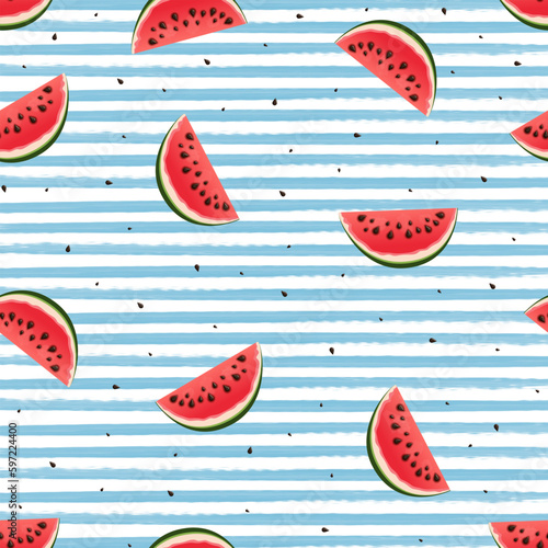 Fruity seamless vector pattern with watercolor paint textured watermelon pieces.