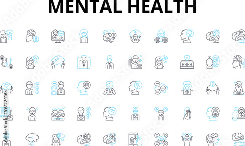 Mental health linear icons set. Anxiety, Depression, Bipolar, Schizophrenia, Trauma, Phobia, Obsession vector symbols and line concept signs. Compulsion,Addiction,Panic illustration Generative AI