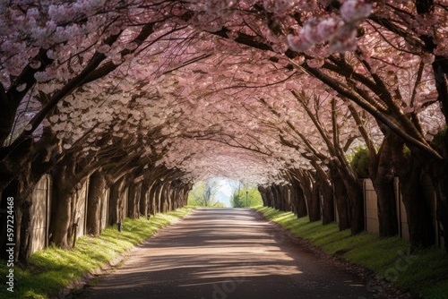 cherry blossom tunnel, with blooming trees in the background and sunlight filtering through, created with generative ai