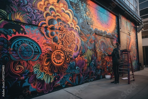 graffiti artist spray-painting intricate and colorful mural on building wall, created with generative ai