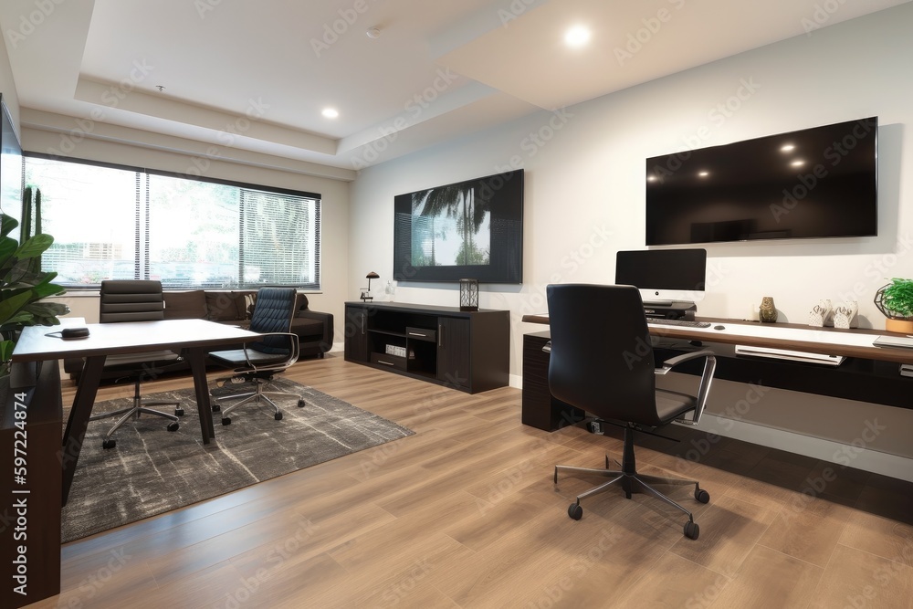 highly organized office setting, featuring sleek and modern furniture, stylish decor, and clean lines, created with generative ai highly organized office setting, featuring sleek and modern furniture, stylish decor, and clean lines, created with generative ai