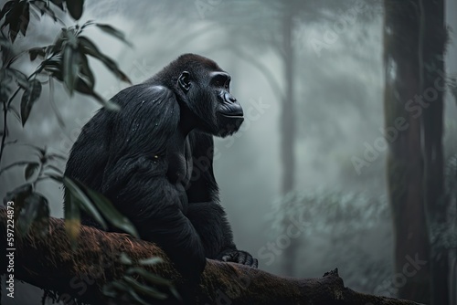 gorilla in the misty forest, sitting on a tree branch, created with generative ai