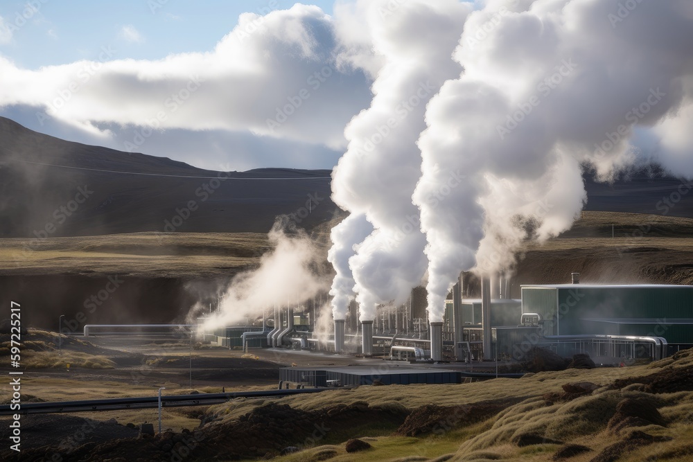 a geothermal power plant, with steam rising from the plant and hot water running through pipes, created with generative ai