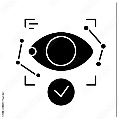 Eye recognition glyph icon. Verification and identification with eye screening. Identifying with biometrical data. City infrastructure concept.Filled flat sign. Isolated silhouette vector illustration