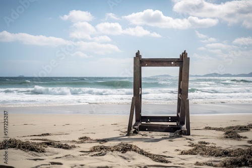 metal detector frame on the beach, with peaceful ocean in the background, created with generative ai