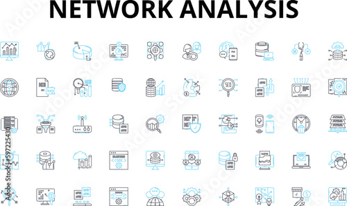 Network analysis linear icons set. Graph, Nodes, Edges, Centrality, Connectivity, Node degree, Hubs vector symbols and line concept signs. Clustering,Modularity,Betweenness illustration Generative AI