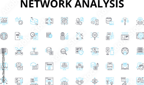 Network analysis linear icons set. Graph, Nodes, Edges, Centrality, Connectivity, Node degree, Hubs vector symbols and line concept signs. Clustering,Modularity,Betweenness illustration Generative AI photo