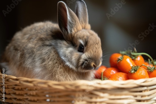 newborn rabbit nibbling on carrot in basket, created with generative ai