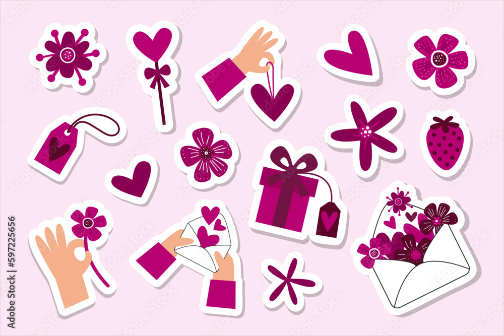 Love, hearts, flowers stickers set with offset cut lines. Valentines day romantic illustration collection for cards and gift decoration. Hands with affection symbols, letters, presents. Vector flat.