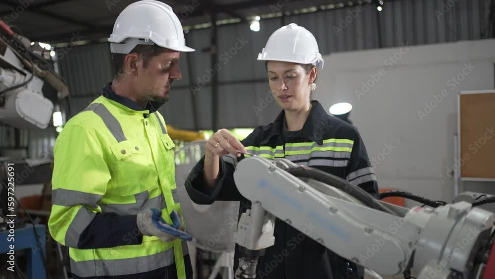 Engineer work at robotic arm factory. Engineer work at robotic arm factory.
