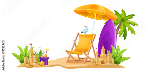 3D sand castle vector illustration, summer beach island travel clipart, cartoon children tower, gull. Tropical exotic vacation, sun umbrella, rest chair palm tree holiday seaside concept. Sand castle