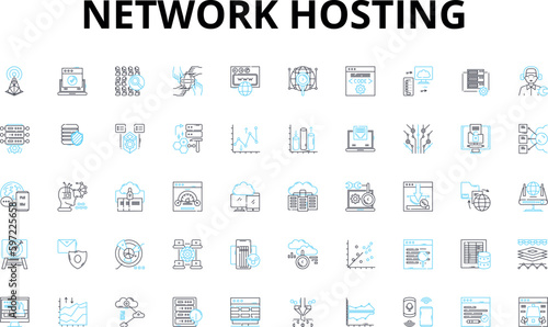 Network hosting linear icons set. Cloud, Server, Virtualization, Bandwidth, Colocation, Datacenter, Firewall vector symbols and line concept signs. Hosting,Internet,IT illustration Generative AI