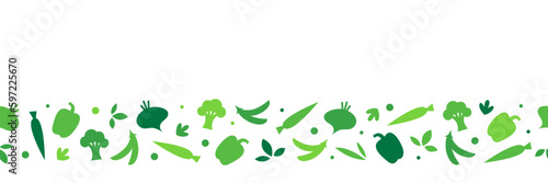 Vegan, vegetarian, plant-based seamless border. Green veggies and healthy lifestyle concept. Meatless food. Vector flat illustration.