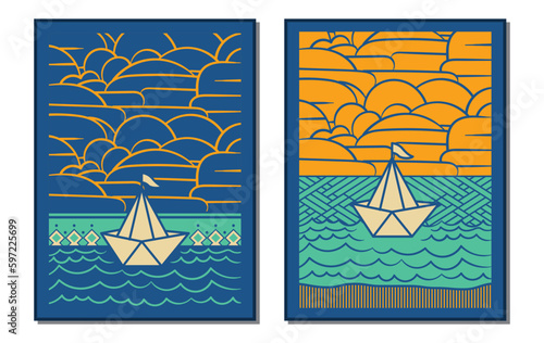 Collection of origami paper ship with abstract background. Editable vector illustration for website, invitation, postcard and poster