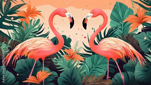 Tropical background with flamingos and palm leaves  a summer holiday. Generative AI.