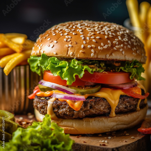 Close up of a tasty cheeseburger with fries
