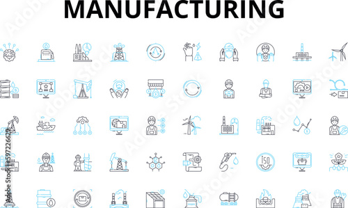 Manufacturing linear icons set. Production, Assembly, Fabrication, Automation, Machining, Casting, Molding vector symbols and line concept signs. Extrusion,Quality,Inventory illustration
