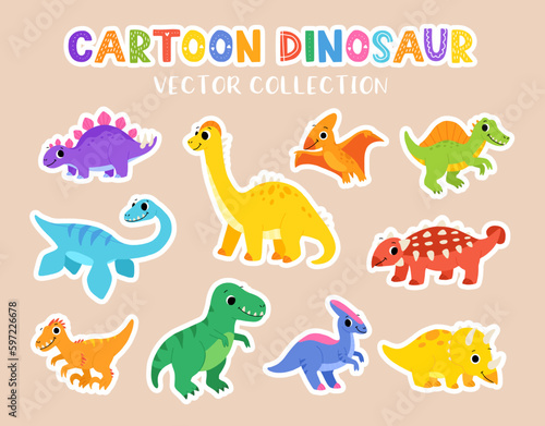 Collection of cute dinosaurs. Hand drawn cartoon brontosaurus, tyrannosaurus, pterodactyl, triceratops, stegosaurus, spinosaurus, plesiosaurus, ankylosaurus, velociraptor, parasaurolophus